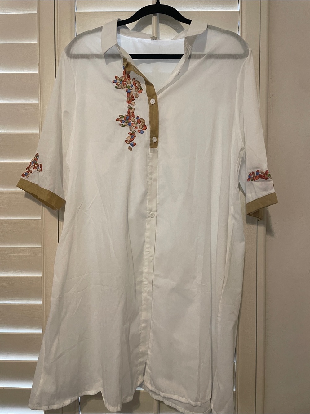 Embroidered White Tunic Shirt with Tan Trim